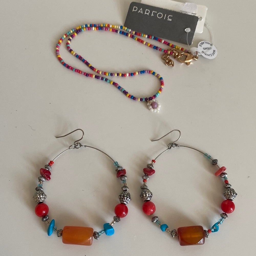 Flower Beaded Necklace and Beaded Hoop Earrings